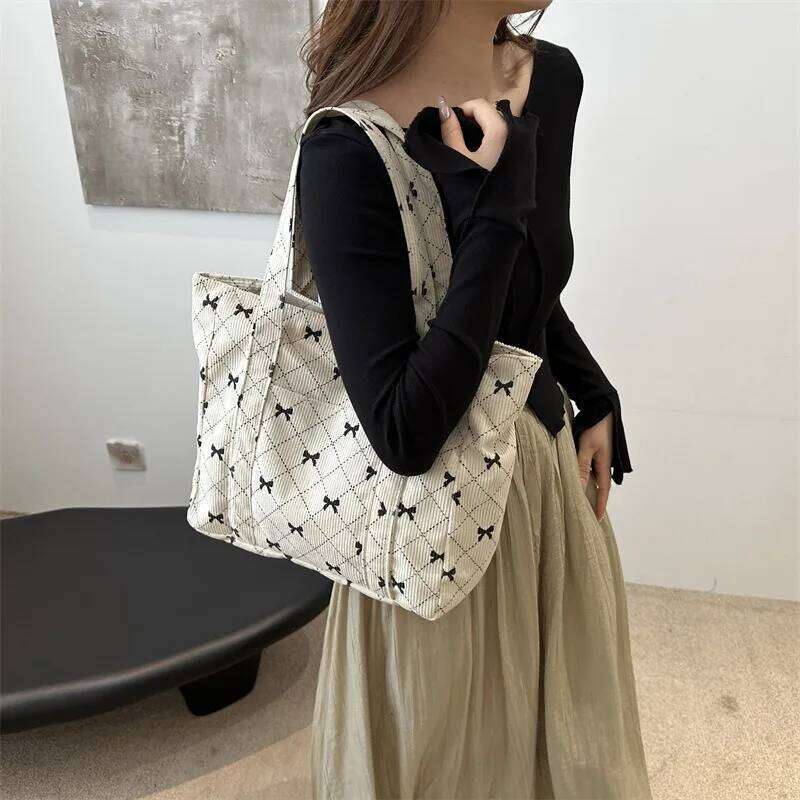 Corduroy Tote Bow Pattern Shoulder Bag Large Capacity Fashion Underarm Commuting Handbags Shopping Bags Eco-friendly Handbag Y260204