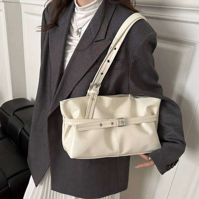 New Fashionable Versatile Belt Buckle Handbag Korean Style Solid Color Soft Leather Women's Casual Shoulder Underarm Bag Y260205
