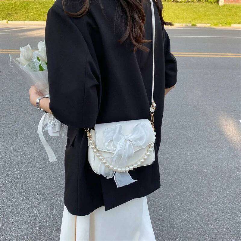 Korean Fairy Gentle Style Pearl Crossbody Bags, Fashion Lace Bow Single Shoulder Handbag, Versatile for Commuting and Banquets Z260207 - view 4