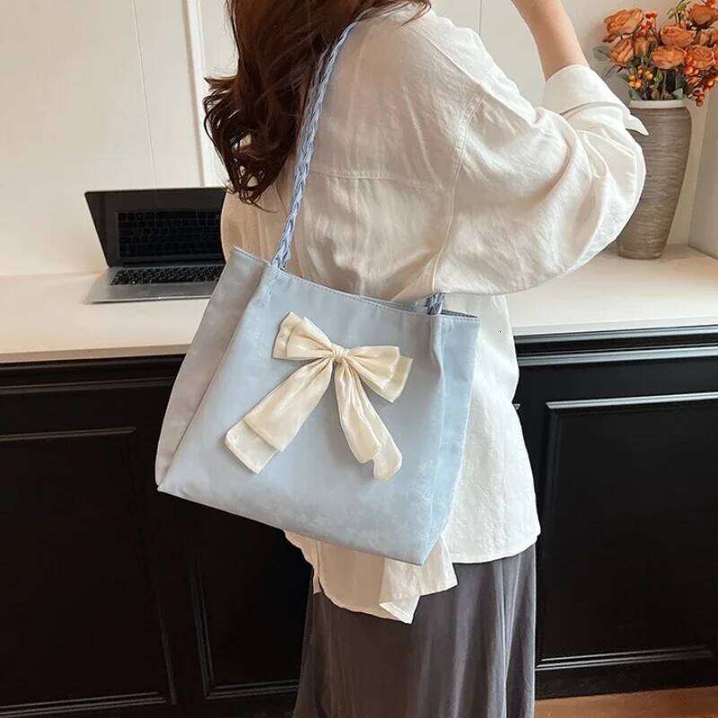 Fashion Girls Bowknot Soft Shoulder Solid Zipper Versatile Ballet Style Portable Tote Braid Strap Underarm Casual Bag Y260205