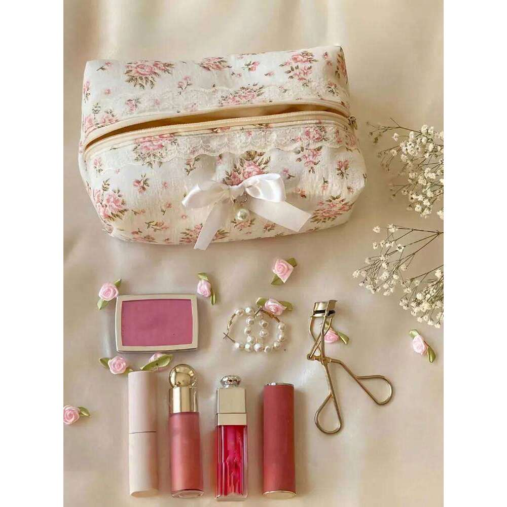1PC Pink Ladies' makeup bow floral bag, Sweet girls' skin care products storage bag Y260206
