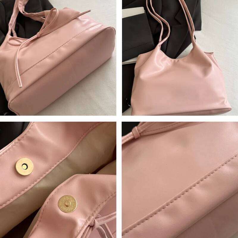 Sweet Bow Women Commuter Shoulder Bags Candy Color Large Capacity Ladies Handbags Simple Pu Leather Female Bucket Tote Bag Y260205