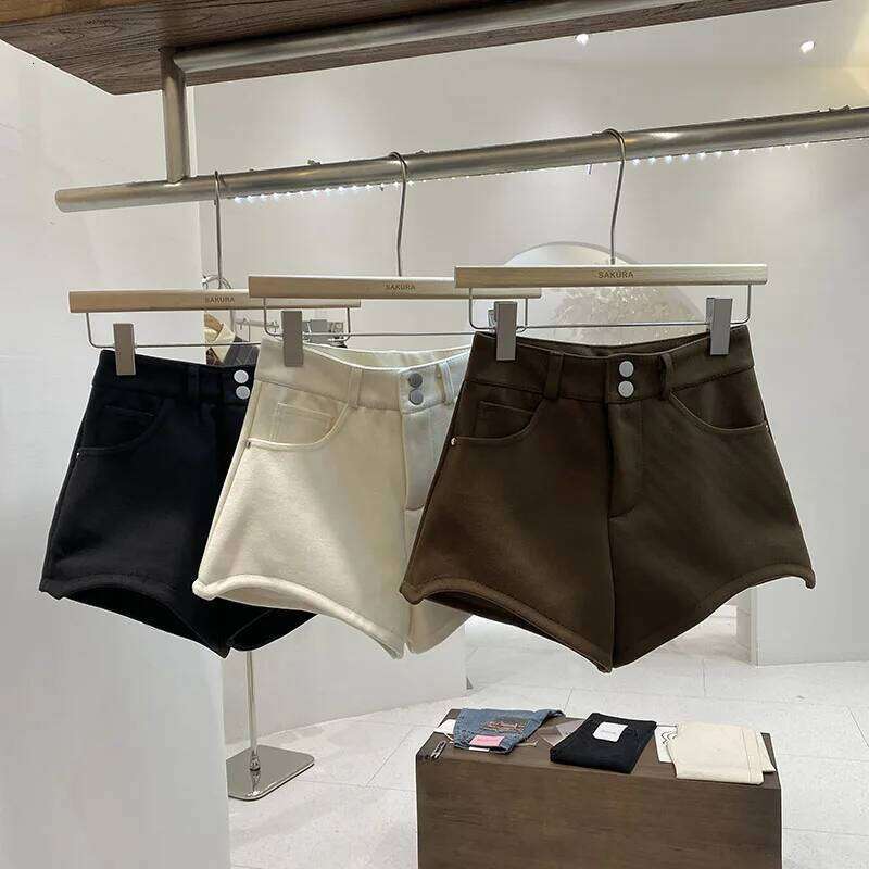 Women's Autumn Winter High Waist Wool&blend Wide Leg Shorts Lady Solid Color Hot Girl Boot Short Pants XJ260206