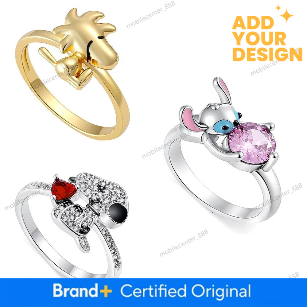 Original 925 Sterling Silver Miniso Disney Snoopy Crown Rings Sparking Zirconium Unique Anniversary Jewelry Gifts