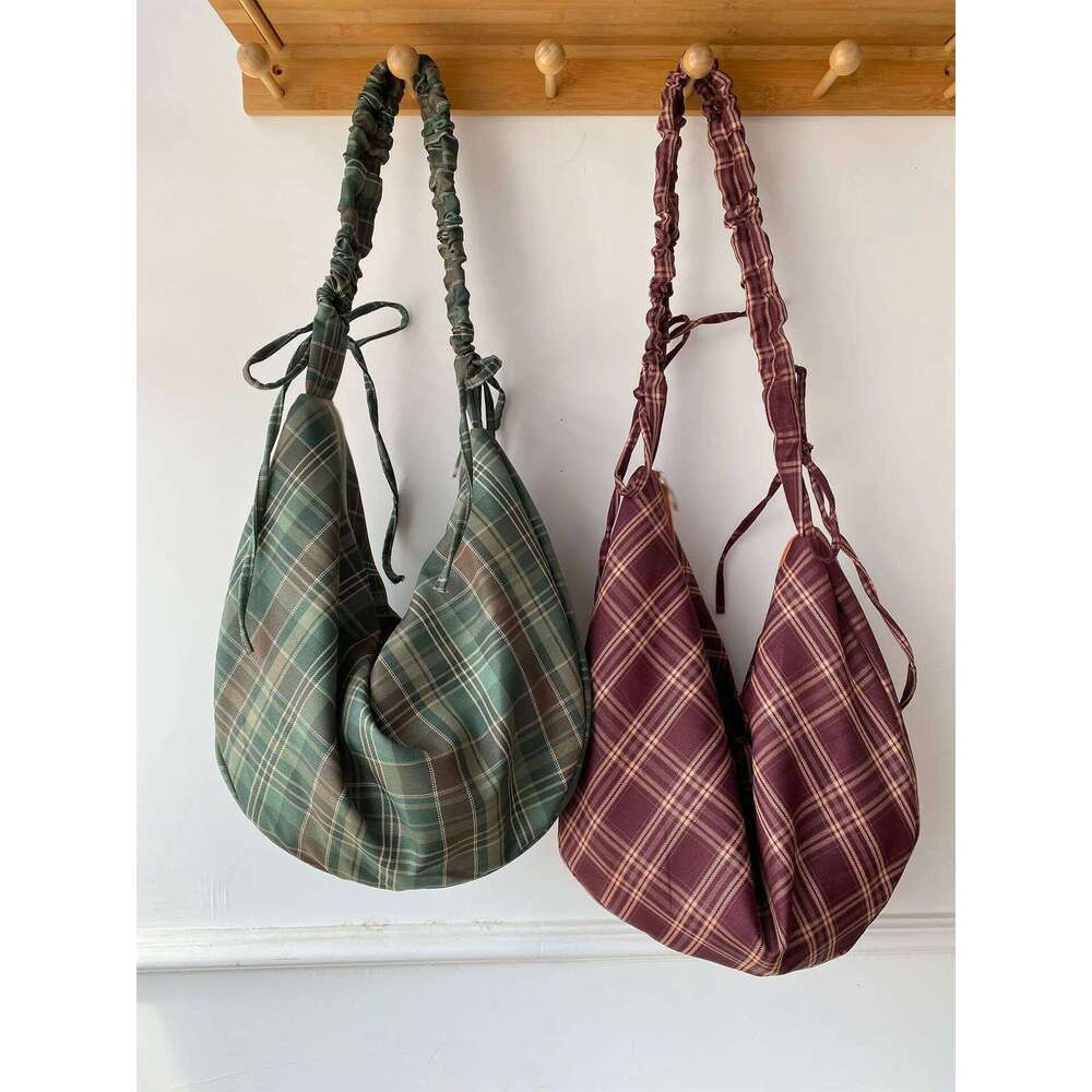Autumn Vintage Plaid Shoulder Bags for Women Large Capacity Ladies Underarm Crossbody Bag Casual Girls Drawstring Tote Handbag Y260205