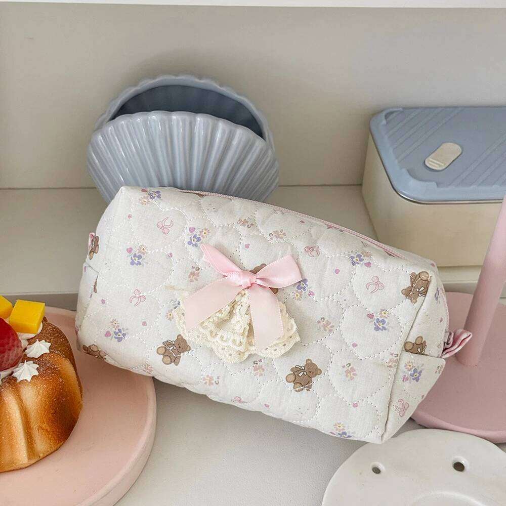 Cartoon Cute Bow Women Mini Cosmetic Portable Purse Makeup Toiletry Storage Pouch Handbag Bear Square Zipper Small Bag Y260206