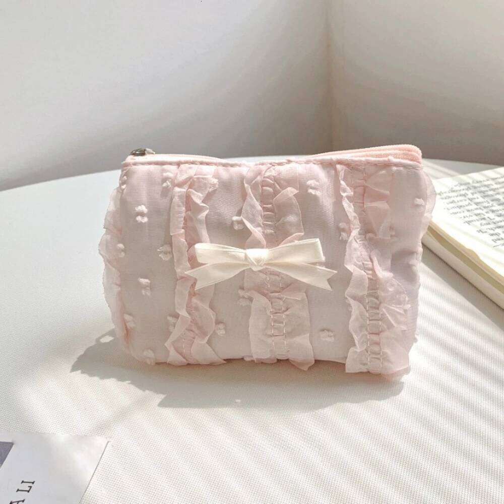 Cute Women Makeup Mini Korean Lace Bow Portable Coin Purse Small Pouch Handbag Kawaii Female Cosmetic Storage Zipper Bag Y260206