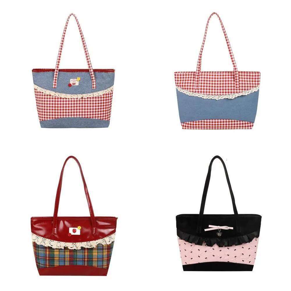 Retro Lattice Lace Bow Shoulder Rural Style Lovely Denim Plaid Handbag Leisure Vintage Commuting Tote Bag Women Y260205