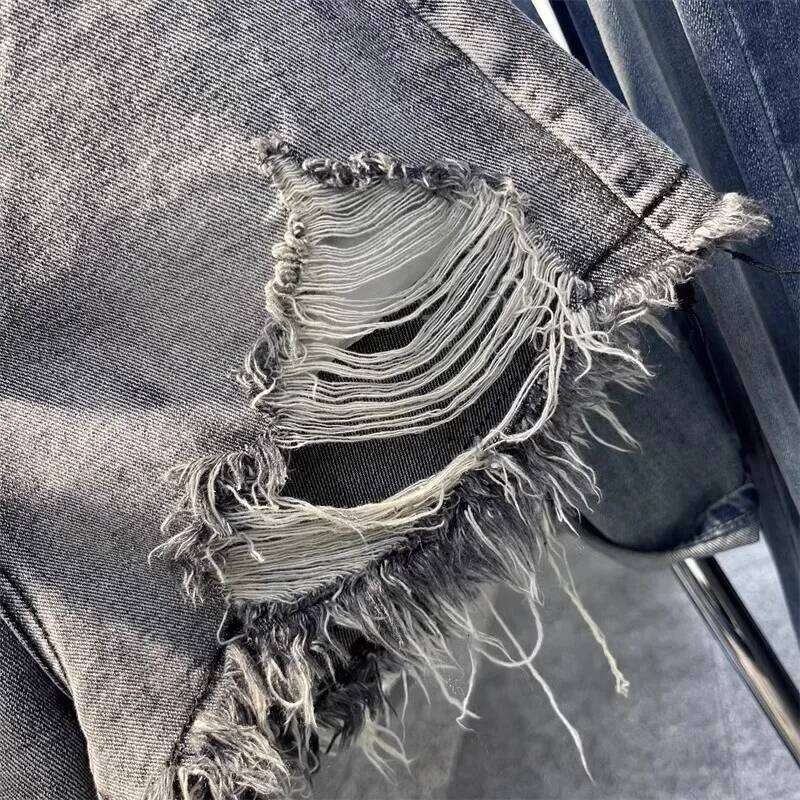 2026 New Black Grey Perforated Ragged Jeans Women High Waist Y2k Hole Ripped Tassel Booty Shorts XJ260206