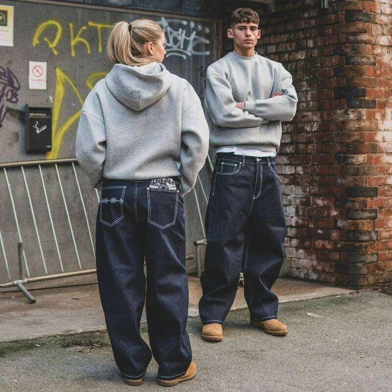 Vintage Raw Denim Trendy Disc Embroidery Couple Wide Leg Pants Hip Hop Harajuku Style Streetwear Unisex Casual Baggy Jeans X260207