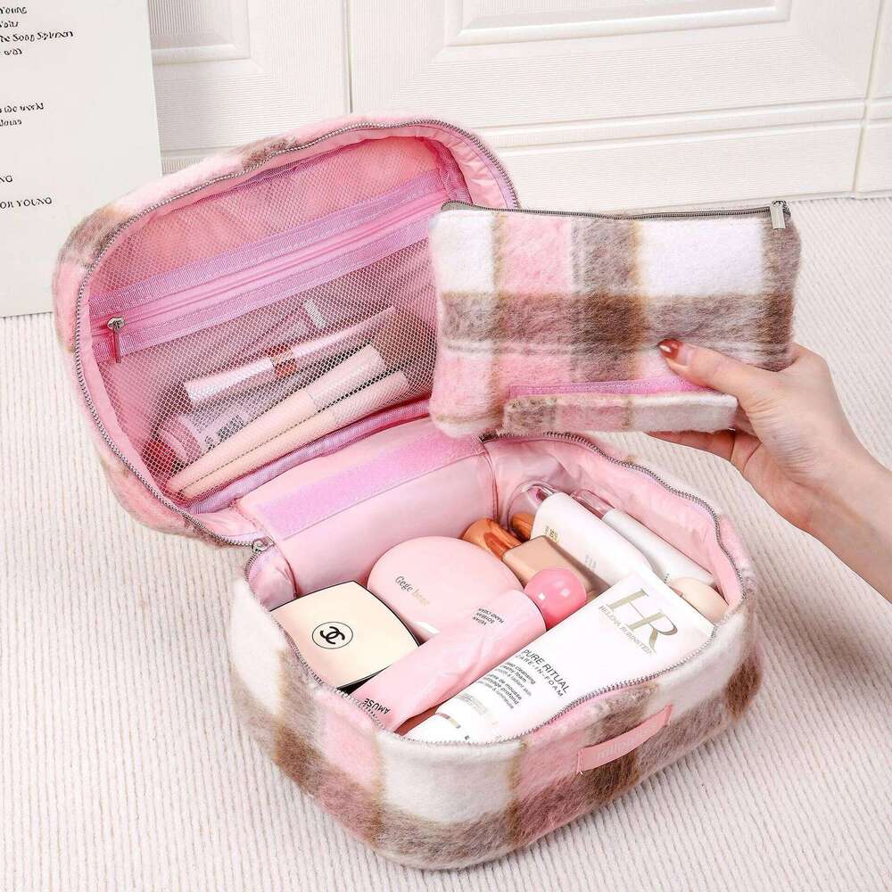 Customized plaid makeup niche fashion, color blocked large capacity storage bag, cute student handheld storag Y260206