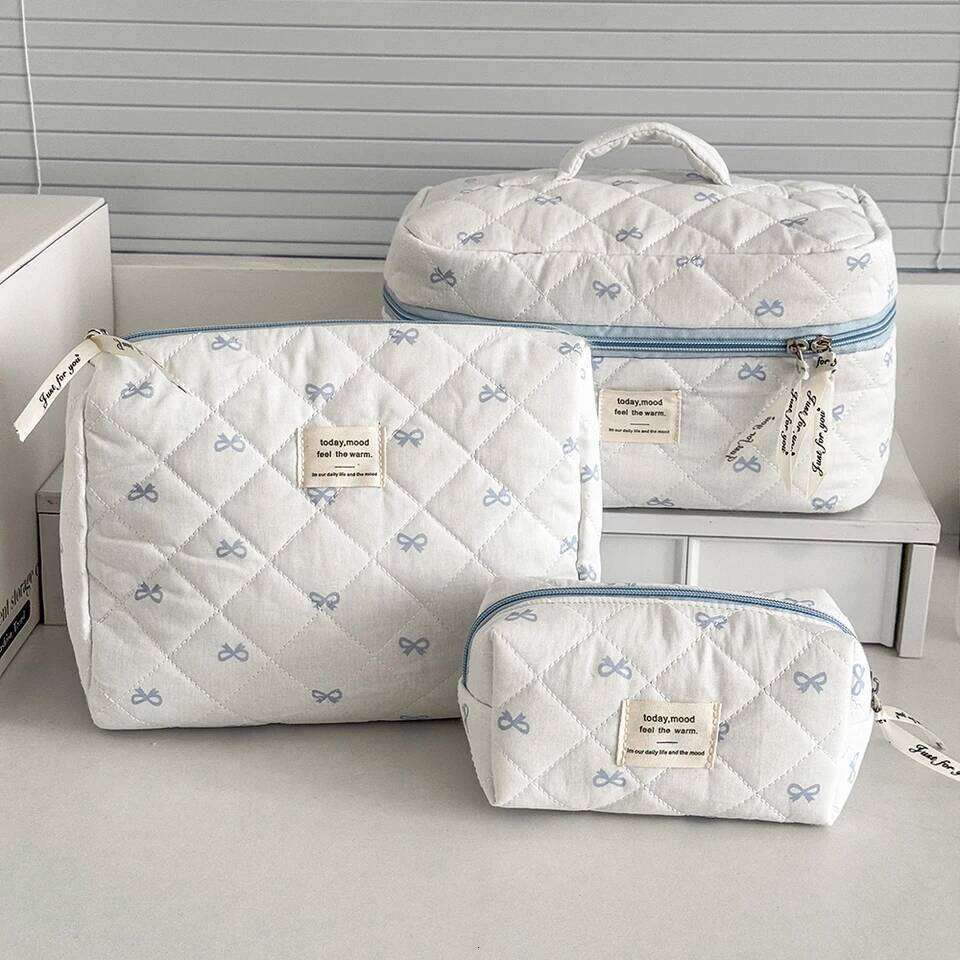 Fashion Blue Bow Quilted Women Cosmetic Large Capacity Storage Handbag Travel Pouch 3 Type Ladies Zipper Makeup Bag Y260206