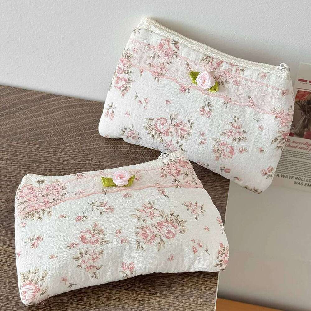 Pink Flower Women Small Makeup Bag Travel Organizer Cosmetic Coins Handbag Pouch Gilrs Cute Bow Square Zipper Wallet Bags Y260206