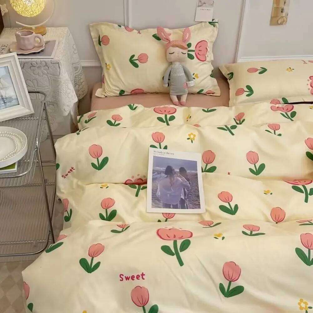 Ins Korean Pastoral Flower Bedding Set Purple Flat Sheet Pillowcase Twin Full Queen Size Bed Linen Women Girls Duvet Cover XJ260206