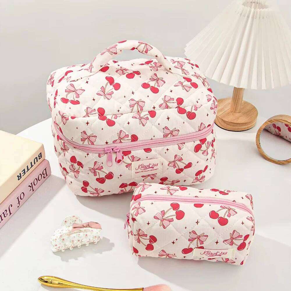 Fashion Cherry And Bow Pattern Large Capacity Heart Travel Cosmetic Storage Bag Zipper Makeup Organizer Pouch Y260206