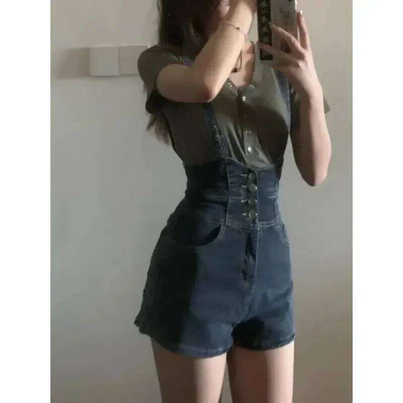 Retro Denim for Women Summer Thin High Elastic Salt Overalls Slim Wide Leg Shorts XJ260206