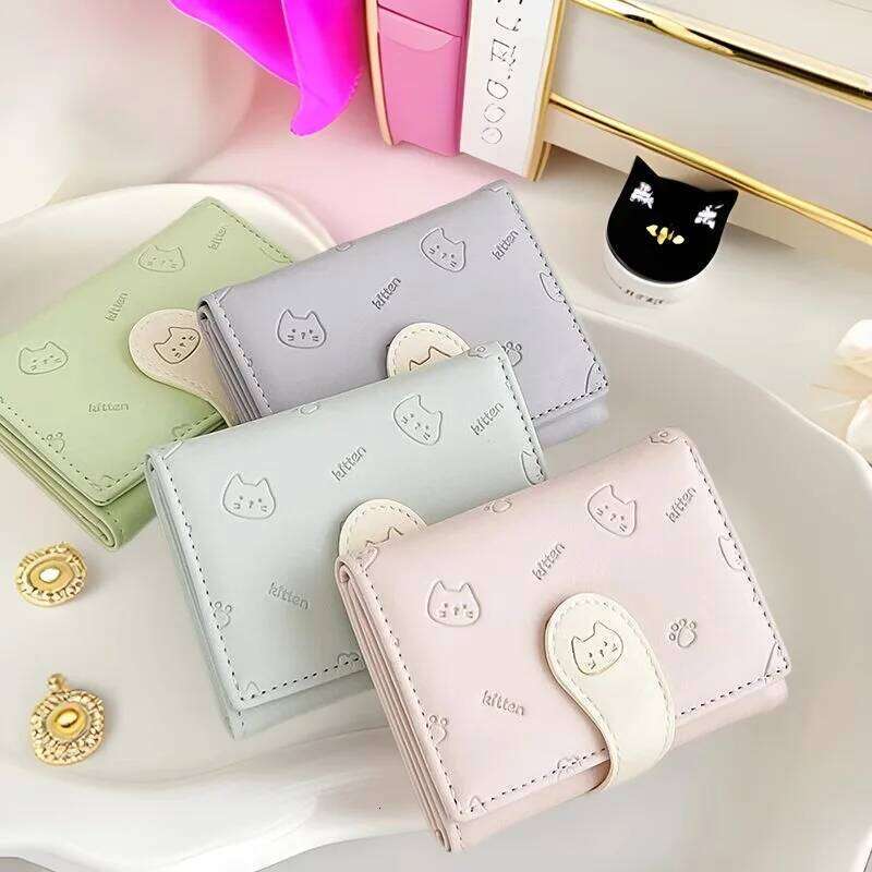 Cute Cat Print PU Leather Wallet Short Fashion Purse Card Holder Buckle Clasp Money Bag Stylish Compact Coin Pouch Y260206
