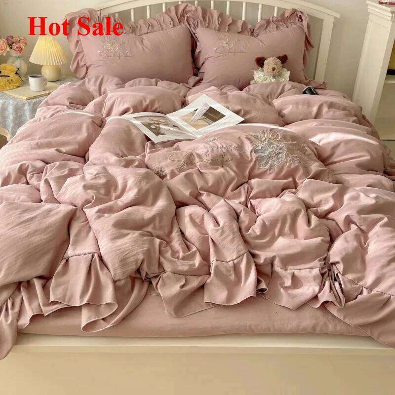 2025 lace embroidery small fresh and cute girl heart four-piece set washed cotton summer sheet quilt cover bed hat XJ260206