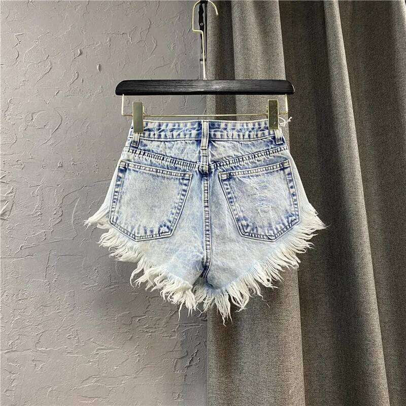 Women's Ripped Mid Rise Summer Button Tassel Single-breasted Wide-leg Denim Shorts Jeans Streetwear XJ260206