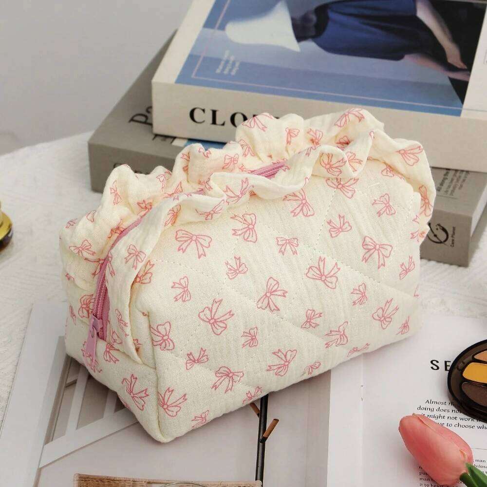 Cute Lace Bow Women's Makeup Travel Cosmetics Storage Pouch Large Capacity Square Zipper Quilting Bag Y260206