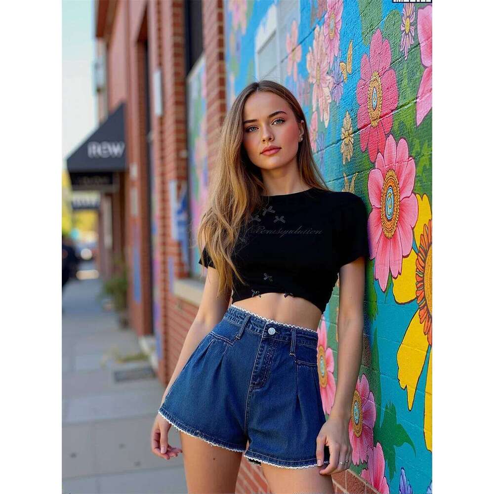 Denim Dark Blue Shorts Womens Pleated Skort Office Lady Elegant Chic Button Classic Short Pants Slimming Feminine College Preppy XJ260206