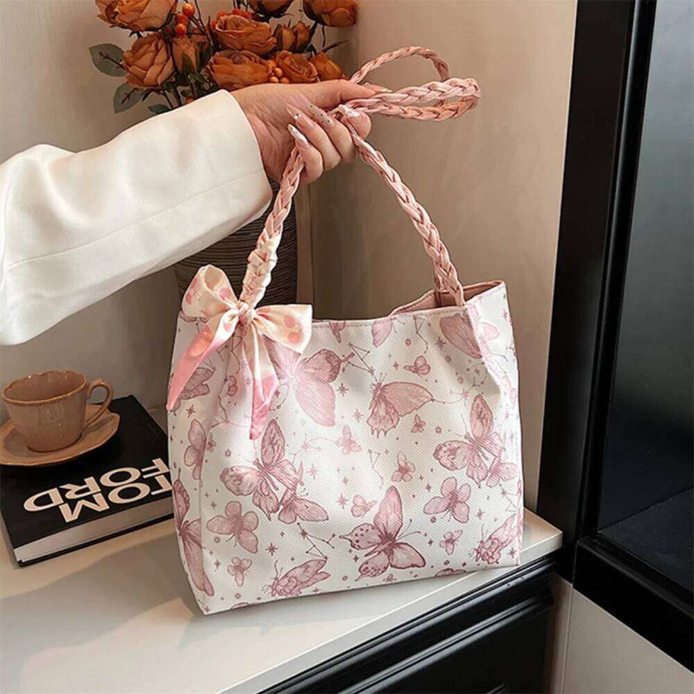 Summer Large Capacity Shoulder Bag Butterfly Print Casual Tote Bags Fashionable Student Commuter Handbag with Ribbon 2025 New Y260205