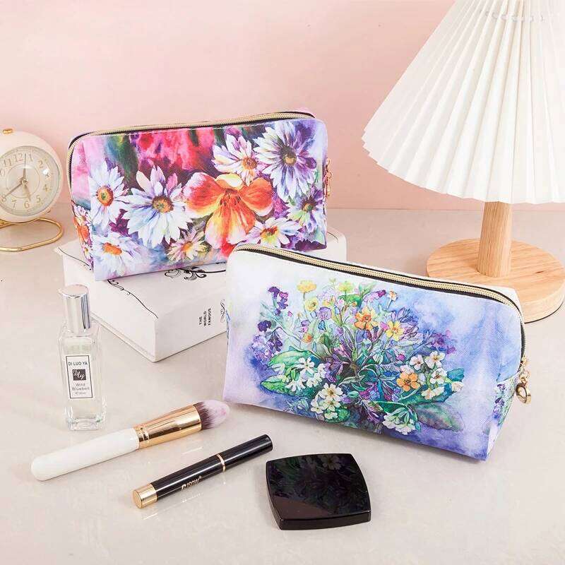 Oil painting style waterproof PU cosmetic Fashionable large capacity portable storage Multi functional makeup bag Y260206