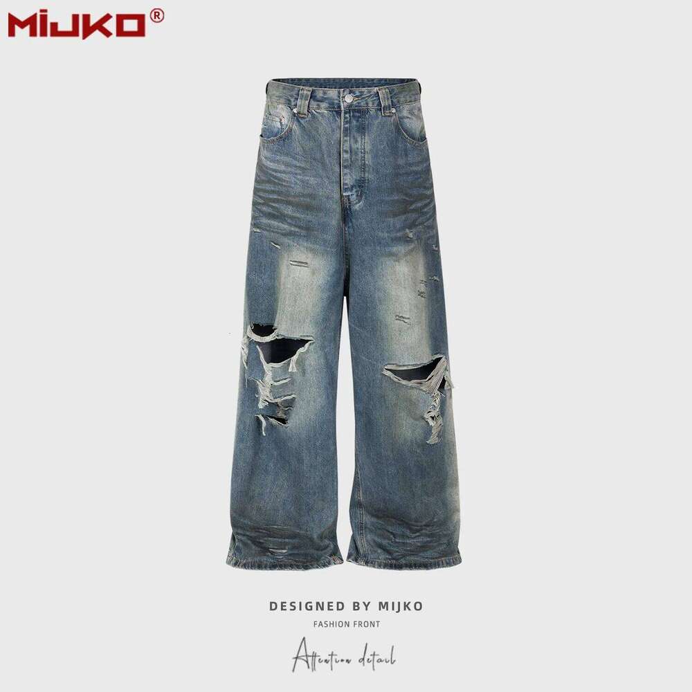 MIJKO Real Picture Frayed Damaged Hole Baggy Wide Leg Jeans Men Streetwear Casual Denim Trousers Cargo Pants X260207