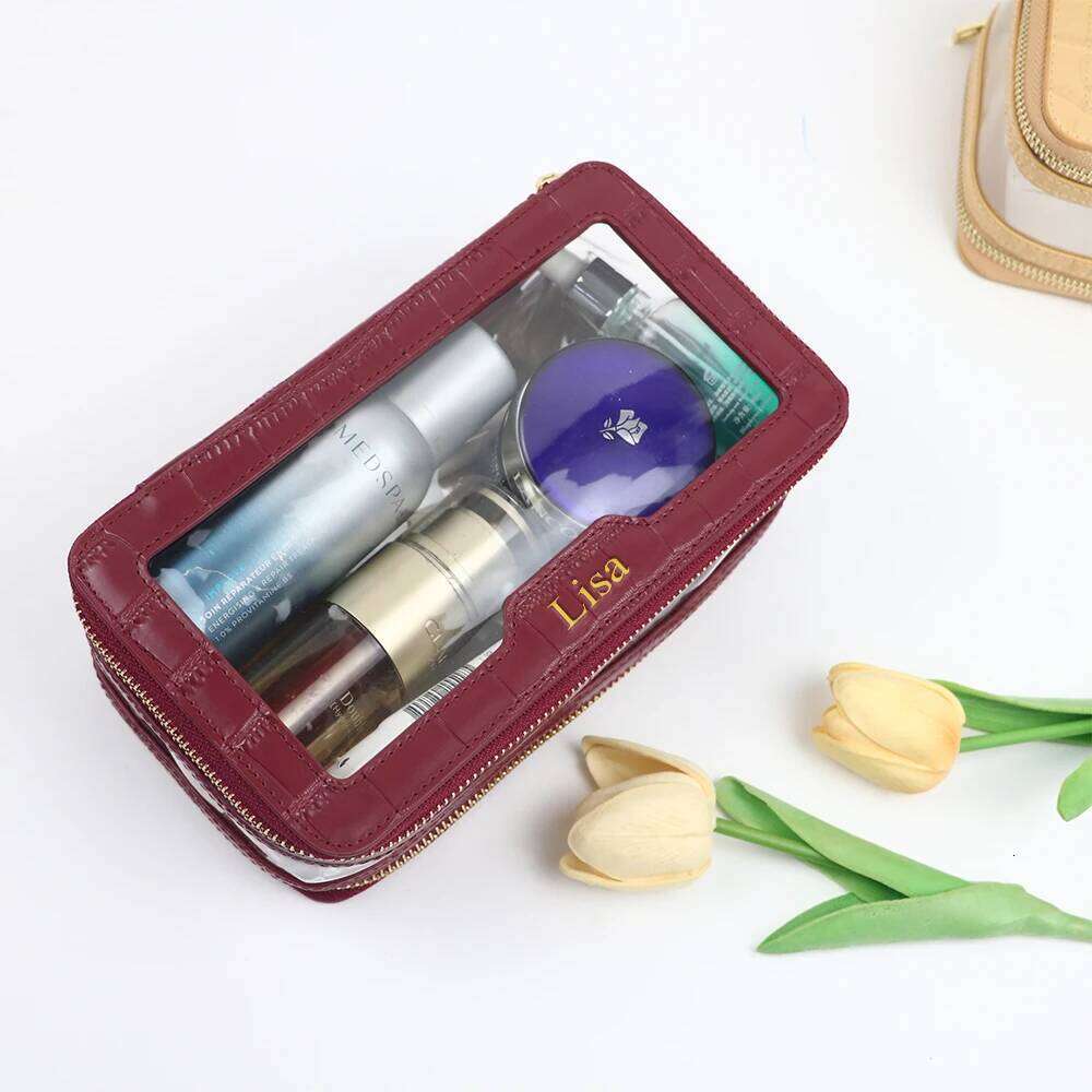 Customized name PU leather + transparent TPU toiletry travel portable makeup bag, large-capacity waterproof storage bag Y260206