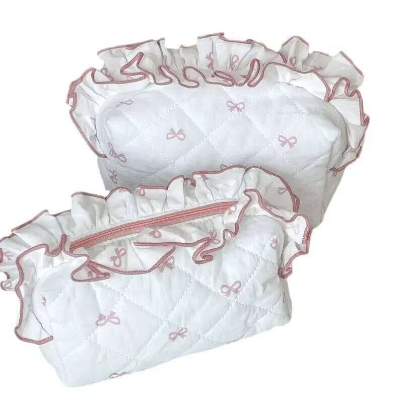 Women Lace Bow Makeup Portable Cosmetic Cute Travel Storage Bag Large Capacity Toiletry Pouch Female Handbag Y260206