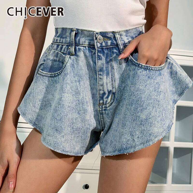 CHICEVER Denim Shorts For Female High Waist Pockets Sexy Ruffles Wide Leg Short Women's Solid Trousers 2024 Summer Clothes XJ260206