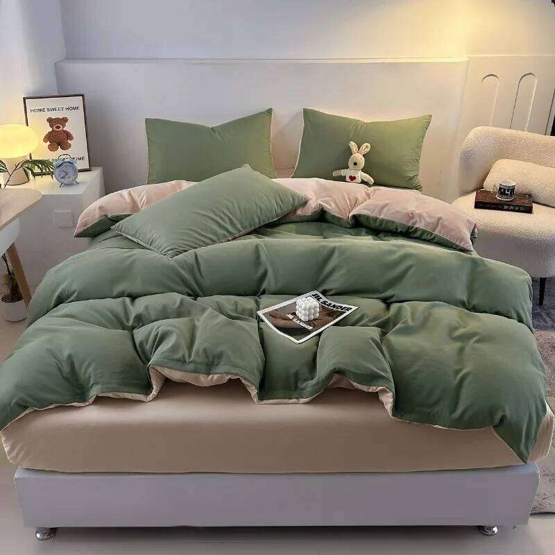 2025 new skin-friendly and comfortable washed cotton simple striped plaid color four-piece set, bed sheet kit XJ260206