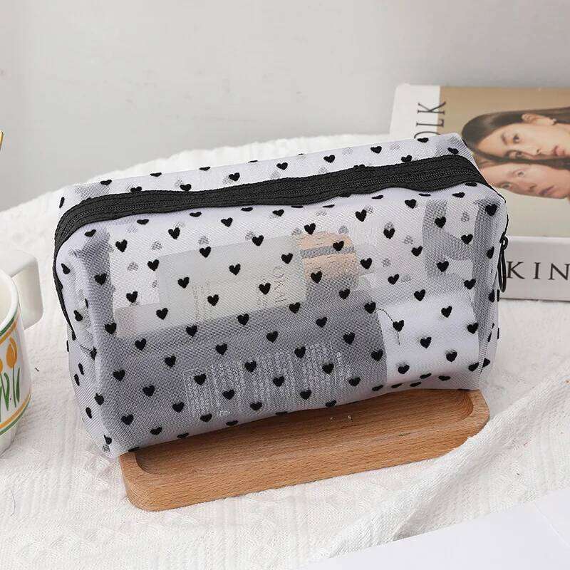 New Transparent Heart Mesh Makeup Portable Nylon Women Make Up Tool Storage Pouch Travel Organizer Cosmetic Clear Zipper Bag Y260206