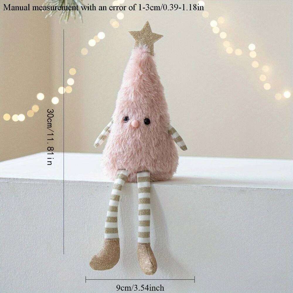 Cute Plush Christmas Tree Figurine Pendant with Stars & Striped Socks Pink,White Green Fabric Holiday Decor for Home Living Room S260204