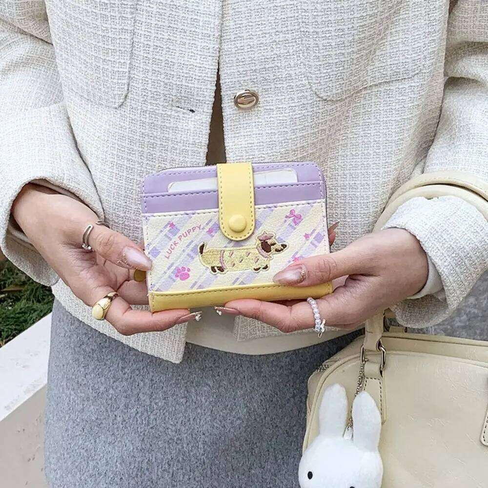 Portable Embroidery Dachshund Dog Wallet PU Multiple Leather Card Holder Cute Fashion Y260206