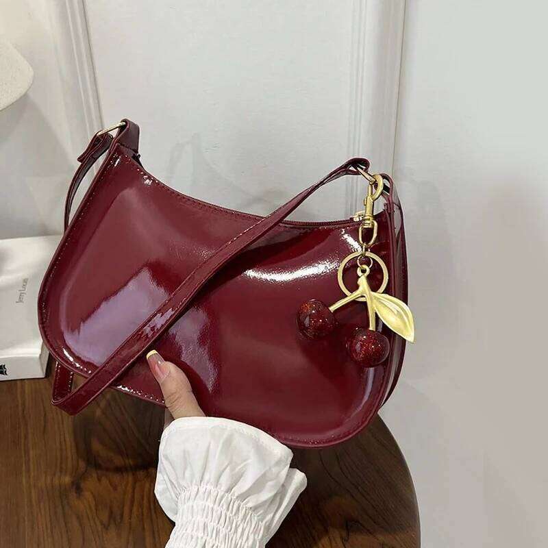 Glossy PU Leather Handbag Versatile Fashion Solid Color Cherry Pendant Shoulder Casual Commuting Tote Girls Underarm Bag Y260205