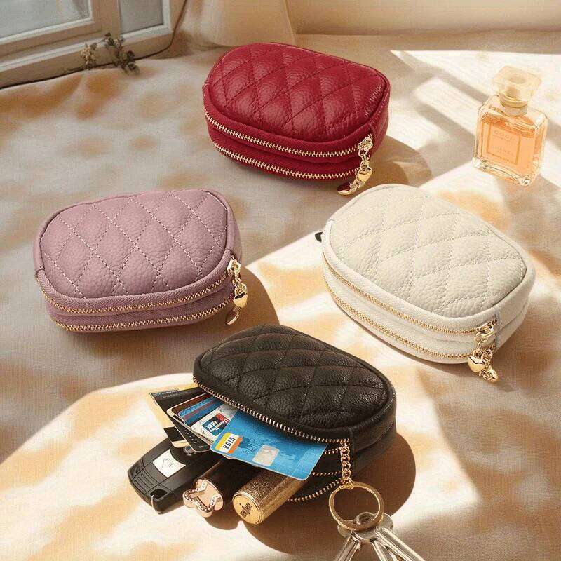 New PU leather rhombus small wallet mini coin double zipper storage change bag Y260206
