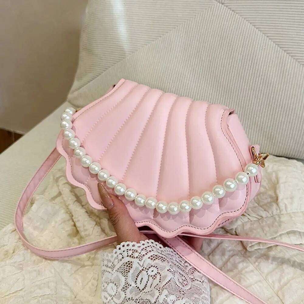 Durable Cute Shell Shoulder Minimalist with Pearls Design Crossbody Bag PU Leather Pearl Decorated Handbag for Women Girls Y260205