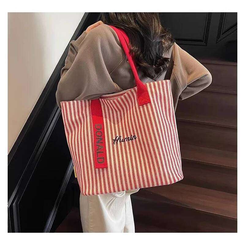 Large-capacity Canvas - New Women's Style Multi-purpose Striped Shoulder for School, Commuting, Handbag Tote Bag Y260205