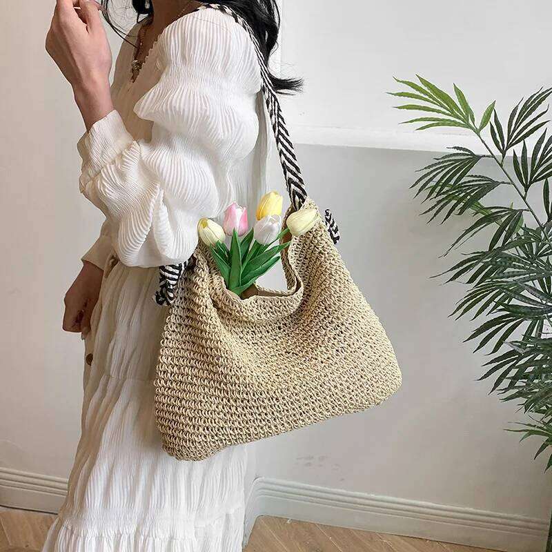 Casual Summer Beach Fashion Straw Women Shoulder Bags Paper Woven Female Handbags Large Capacity Tote Purses Y260204