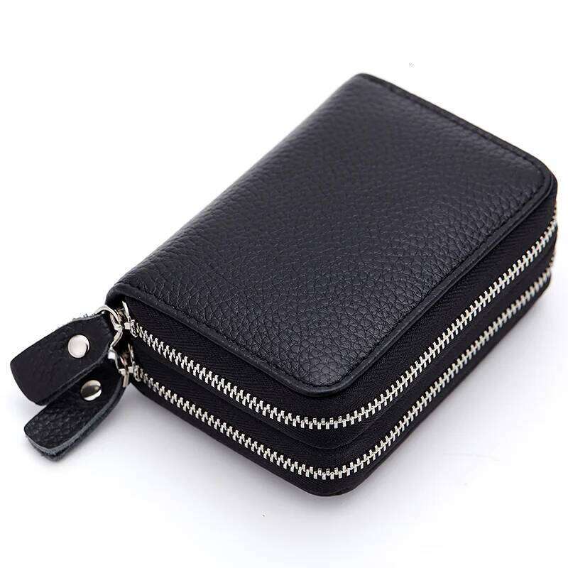 Genuine Men & Women Mini Short Wallet Cow Leather Coin Purse Solid Holder Accordion Card Slots Double Zipper Pocket Y260206