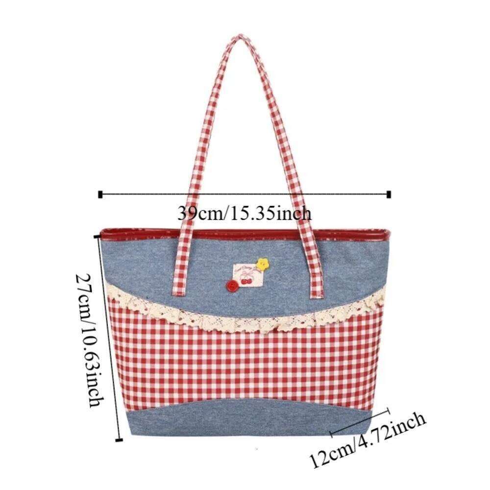 Retro Lattice Lace Bow Shoulder Rural Style Lovely Denim Plaid Handbag Leisure Vintage Commuting Tote Bag Women Y260205