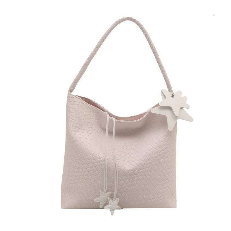 Large Capacity Woven PU Bucket Shoulder Bags for Women Commuter Solid Color Ladies Star Handbag Simple Female Underarm Bag Tote Y260205
