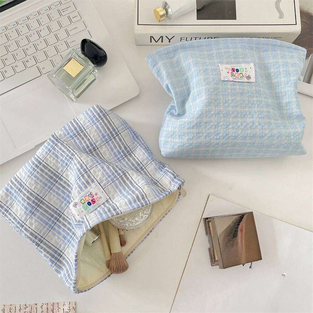 Fashion Plaid Cosmetic Portable Travel Toiletry Women Large Capacity Zipper Make Up Organizer Makeup Storage Bag Y260206