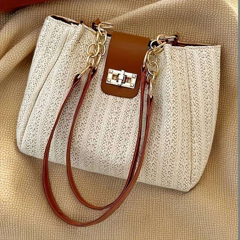 Chic Hand Straw Woven Tote Stylish Women Handbag with Chain Leather Shoulder Strap Fashion Shopping Travel Bag Y260205