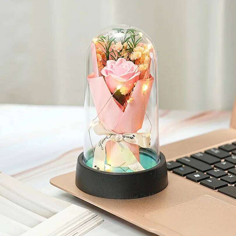 Everlasting Rose LED Glass Dome Bouquet Illuminated Ornament Perfect Valentine's Day Christmas Home Decor Romantic Gift S260204