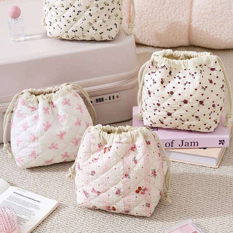 Storage Organizer Floral Bow Cotton Makeup Flower Printed Pouch Large Travel Cosmetic Make Up Bag Y260206