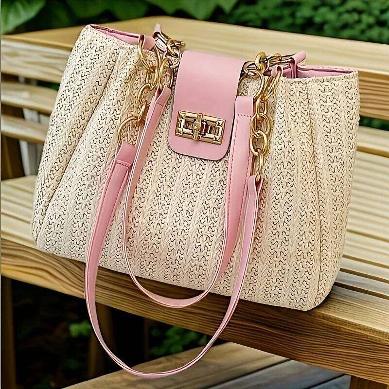 Chic Hand Straw Woven Tote Stylish Women Handbag with Chain Leather Shoulder Strap Fashion Shopping Travel Bag Y260205