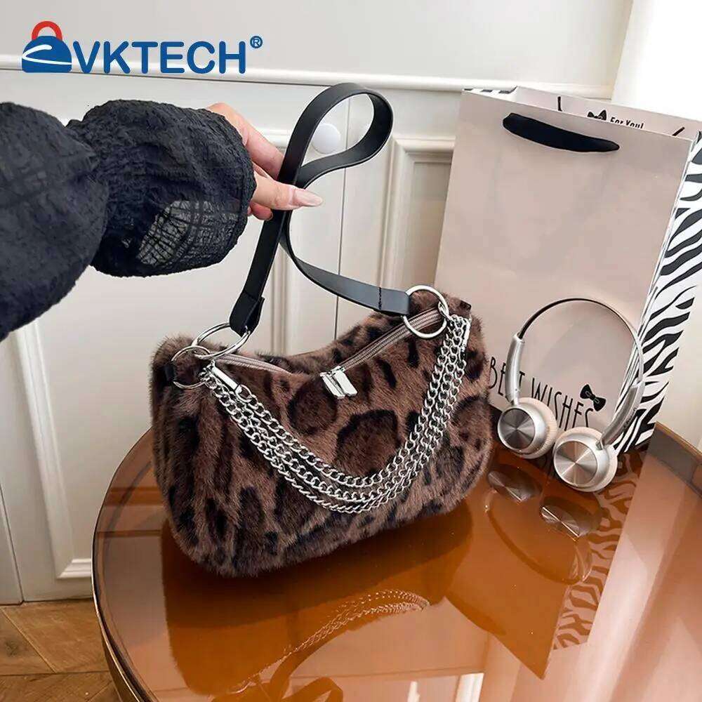 Plush Leopard Crossbody with Chain Underarm Soft Commuter Bag for Women Work Shopping Travel Daily Z260207 - view 3