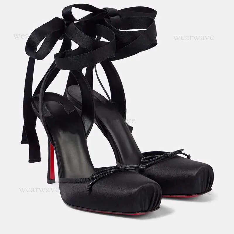 Designer European and American Niche High heeled Square Ankle Strap Satin Bow Ballet Toe Cap Plus Size Womens Sandals